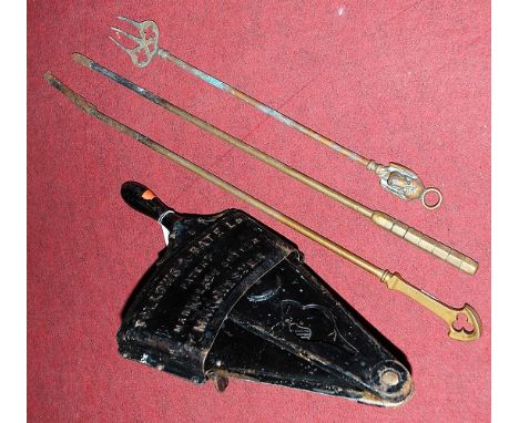 An early 20th century Follows & Bait Ltd patent marmalade cutter; together with three turned brass fire tools 