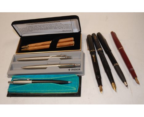 A collection of assorted ballpoint and fountain pens, to include Conway Stuart Universal pen No.476 having 14ct gold nib, Par