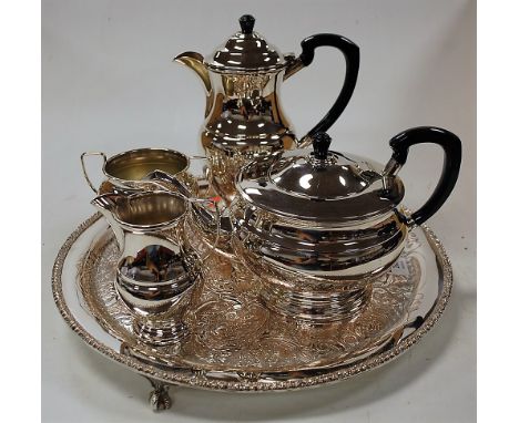 A modern silver plate on copper four piece tea/coffee service, and associated silver plated circular tray