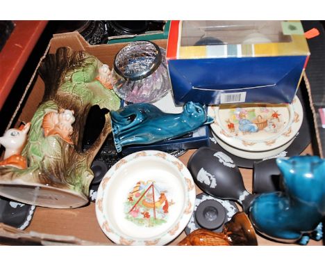 A box of miscellaneous china and glassware, to include; pair of Poole Pottery blue glazed figures of seated cats, Wedgwood bl