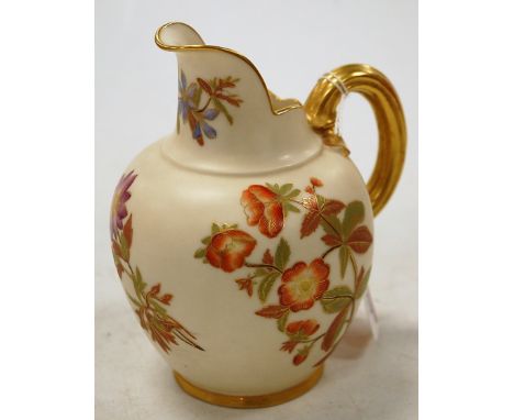 A late Victorian Royal Worcester blush ivory jug, decorated with floral sprays, having gilt handle, puce mark verso, registra
