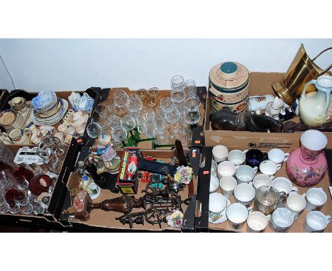 Seven boxes of miscellaneous items to include a Foley blue & white transfer decorated part tea service No. 4151, Hampton ivor