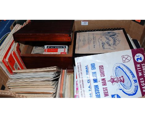A box of miscellaneous items, to include 1964 FA Cup Final programme Preston North End vs West Ham United, various postcards,
