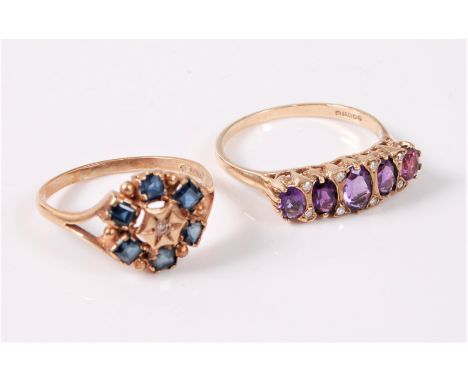 Two rings: 9ct five stone amethyst and diamond highlight ring, hallmarked Birmingham 1993, size T, together with a 9ct sapphi