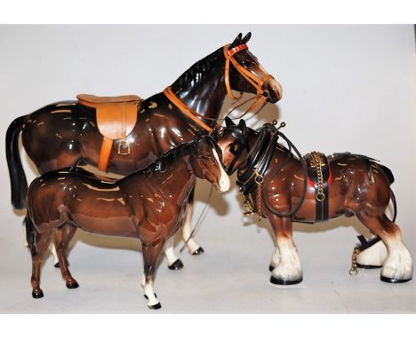 A Beswick Quarter horse model No. 2186 brown gloss finish, together with a melba figure of a shirehorse and one other large B