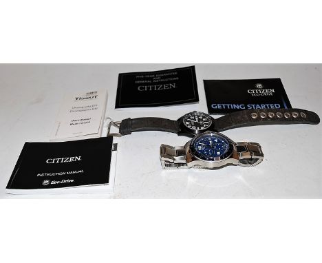 A gents Tissot 1853 G-10 stainless steel cased chronograph wristwatch, having signed blue dial with Arabic numerals and baton