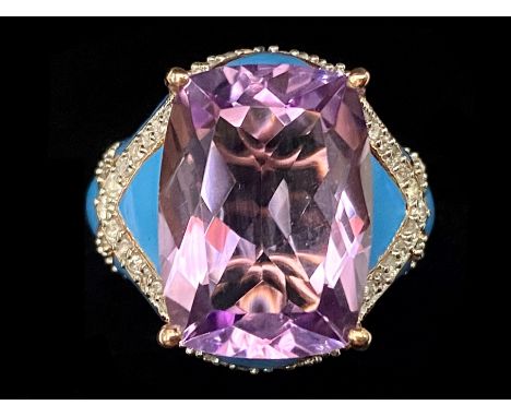 Amethyst and Bright Blue Enamel Statement Ring, a 12.5ct, cushion cut amethyst surrounded by bright blue enamel, each colour 