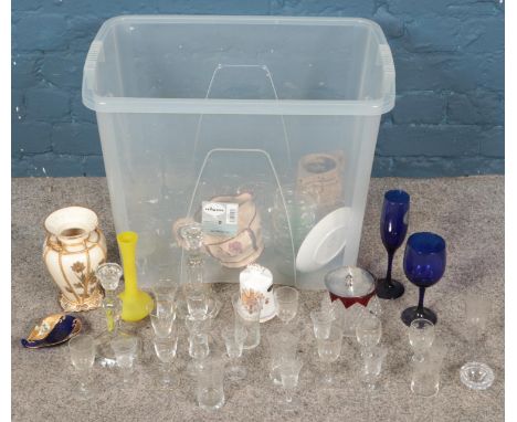 A quantity of ceramics and glassware. Includes Worcester vase, Edwardian glasses, etc.  Worcester vase repaired the the rim.