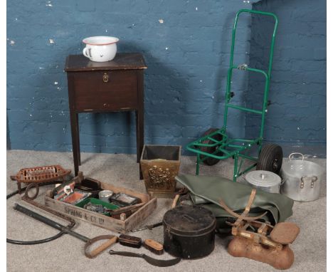 A collection of miscellaneous. Includes fishing trolley &amp; waders, crate, metal box, brushes baring the broad arrow mark, 