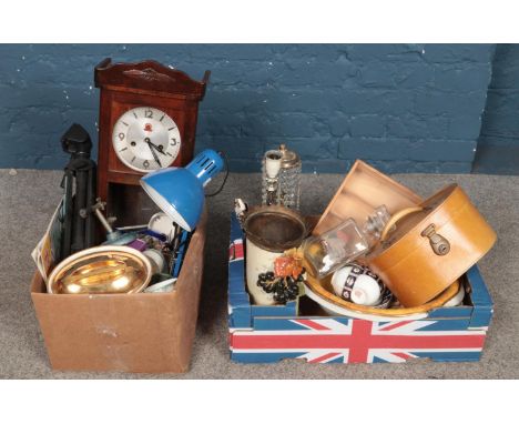 Two boxes of assorted miscellaneous, to include Royal Worcester lidded tureen, table lamps, camera tripod and a quantity of c