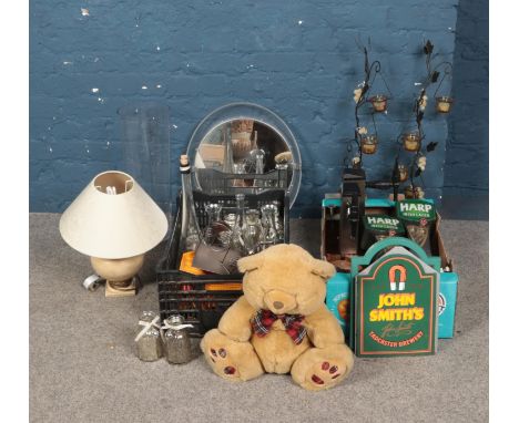Two boxes of miscellaneous to include table lamp, glassware, soft toy, beer taps, etc.  