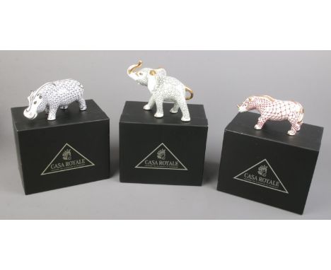 Three boxed Casa Royale ceramic figures. Includes Elephant, Hippopotamus and Rhino.  