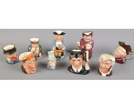 Nine ceramic character jugs. Includes Royal Doulton examples, Falstaff, The Graduate D6916, Honest Measure, etc.  