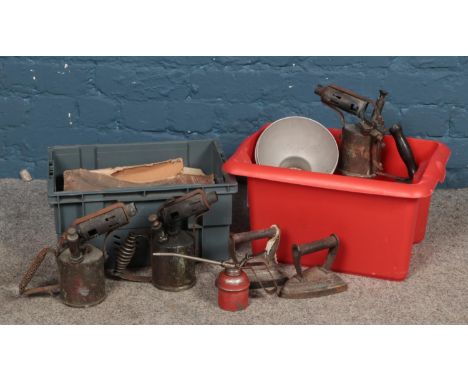 Two boxes of vintage tools and metalwares, to include Veritas blow torch, irons and boxed mincer.  