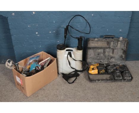 A Dewalt DW005 Drill in case, together with garden sprayer and an assortement of tools.  