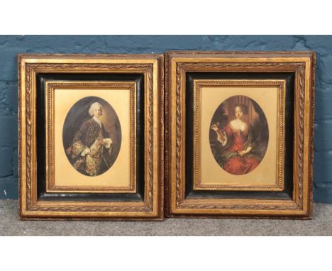 A pair of gilt framed portrait prints depicting noble man and woman. Approx. dimensions including frame 41cm x 36cm.  