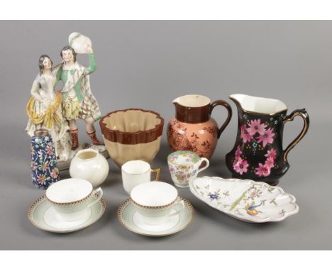 A collection of mainly Victorian ceramics. Includes flatback figure, Royal Worcester pot, Wedgwood cups and saucers, Moore Br