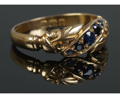 A Victorian 18ct Gold five stone sapphire ring. Assayed for Birmingham, 1899. Size MÂ½. Total weight: 3.4g  