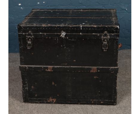 A painted metal bound trunk. Approx. dimensions 57cm x 50cm x 61.5cm.  
