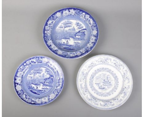 Three nineteenth century blue and white Don Pottery plates, all stamped for Samuel Barker and Sons. Includes two in the 'Wild