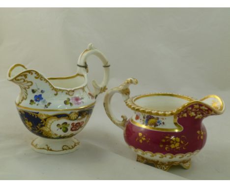 An H & R Daniel porcelain cream jug, Shell shape variation A, decorated with gilt scrolls and acanthus leaf detail, floral sp