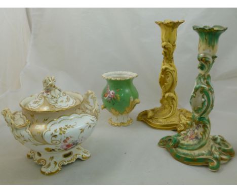 An H & R Daniel porcelain sugar box and lid, Second Bell shape, with rose head finial, scroll handles and pierced and scroll 