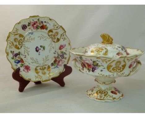 An H & R Daniel porcelain cream bowl, cover and stand, Shrewsbury shape, with butterfly finial, decorated with gilt detail an