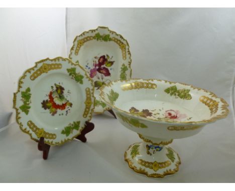 An H & R Daniel porcelain comport, plate and oval dish, Shrewsbury Embossed shape, decorated in relief with green vine leaves