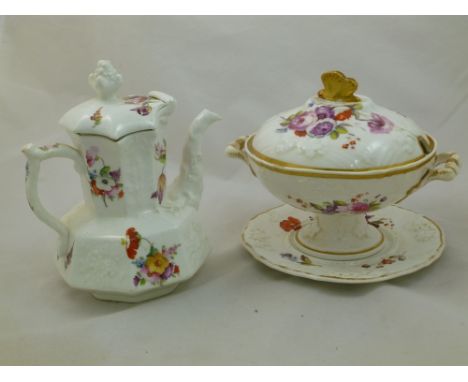 A 19th century English porcelain cream bowl, cover and stand, with relief moulded decoration and gilt detail, hand painted wi