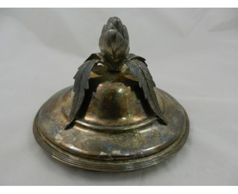 A large silver lid with artichoke finial and reeded rim, stamped to the inside of the rim with a maker's mark of a crown abov