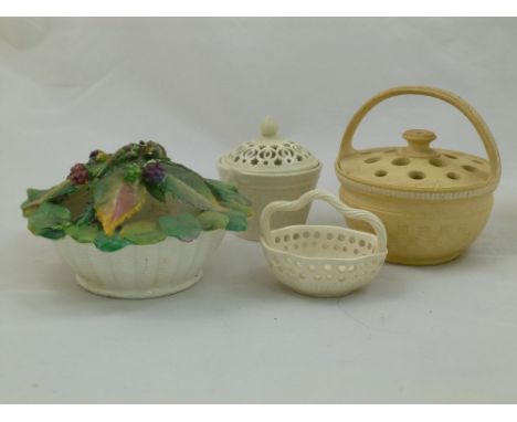 A Leeds creamware pot pourri in the form of a basket with a pierced lid, impressed mark to base, 8cm high, a small pierced cr