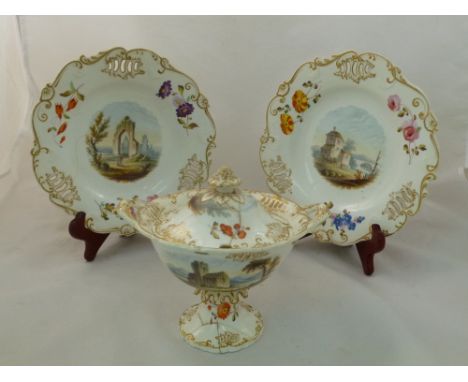 An H & R Daniel porcelain cream bowl and cover and two plates, Shell Pierced shape, with vine and fruit finial and shell scro