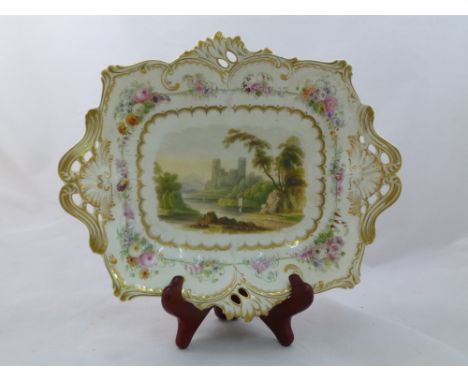 An H & R Daniel rectangular pedestal dish, Pierced or Queens shape, with shell and scroll rim, decorated with a floral spray 