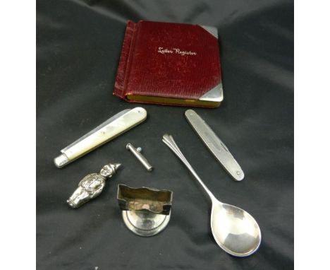 A red leather 'Letter Register' book with silver corners, London 1912, a a pearl handled folding silver fruit knife, Sheffiel