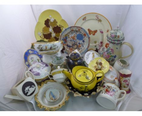 A collection of 18th century and later English pottery and porcelain including a large coffee pot  decorated in the famille r