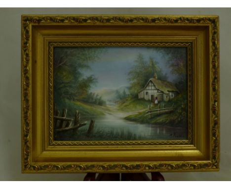 A Royal Worcester porcelain plaque painted by M. Powell, of a rural landscape with hills to the distance and a thatched cotta