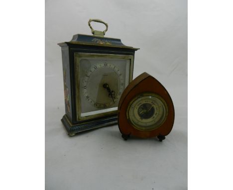 A Canham mantle clock in blue ground chinoiserie case,  18cm high and a small table top aneroid barometer, 11cm high