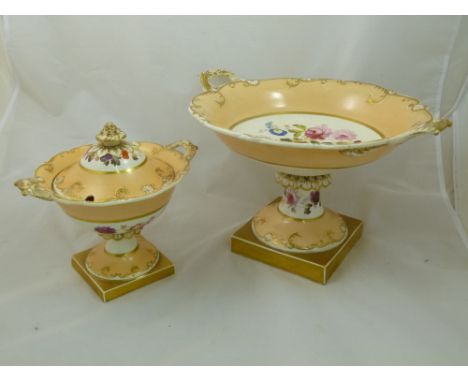An H & R Daniel porcelain comport, Shell Border shape, 20cm high, and a matching cream bowl with cover and stand, with aprico