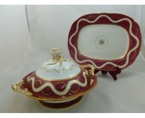 A 19th century English porcelain lidded tureen with rose head finial and scroll handle, possibly H & R Daniel, raised on a pe