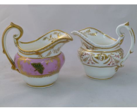 Two H & R Daniel porcelain cream jugs, First Gadroon shape, with scroll handle and panelled body, the first with pink band to