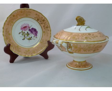 An H & R Daniel porcelain cream bowl, cover and stand, Cusped shape, with butterfly finial, apricot borders, gilt detail and 