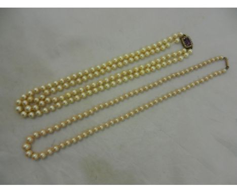 A cultured pearl double strand necklace with amethyst, half pearl and 9 carat gold clasp, 50cm long and one other cultured pe