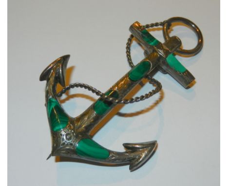 A large Victorian hollow silver and malachite cloak brooch in the form of an anchor intertwined with rope, 75mm long x 44mm w