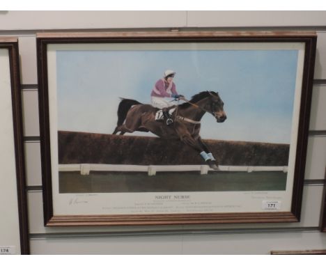 A horse racing print, after Duncan Lawrence, Night Nurse, signed by artist and jockey