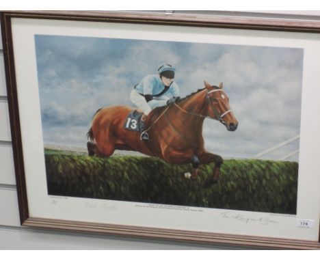 A horse racing print, after Tim Kingsmill-Brown, West Tip, signed by artist and jockey, 89/350