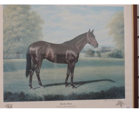 A horse racing print, after Richard Stone-Reeves, Seattle Slew, signed, 596/750