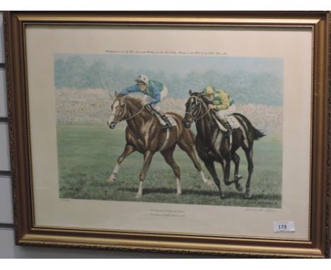 A horse racing print, after Richard Stone-Reeves, The Minitrel defeats Hot Grove, The Derby, Epson, June 1st, 1977, signed, 3