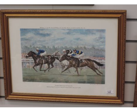A horse racing print, after Richard Stone-Reeves, Pawneese defeats Bruni and Orange Bay. The King George VI and Queen Elizabe