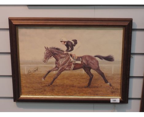 A horse racing print on canvas, after P.Deighan, Lester Piggott, signed by Jockey and Artist, 86/400