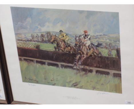 A horse racing print, The Writing is on the wall, Cheltenham Gold cup 1964, Arkle vs Mill House, signed by Pat Taaffe and G.W
